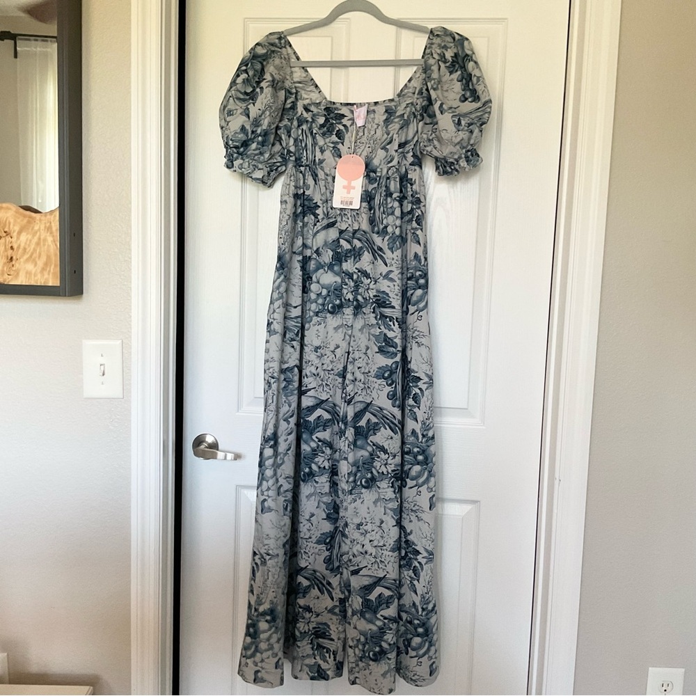 NWT Selkie Blue Floral Puff-Sleeve Maxi Jumpsuit